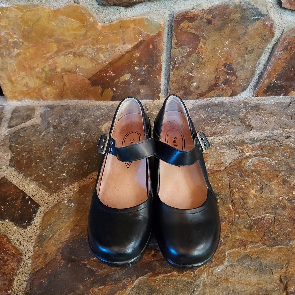 Sanita Black Leather Mary Jane Clogs, EU 39/US 9